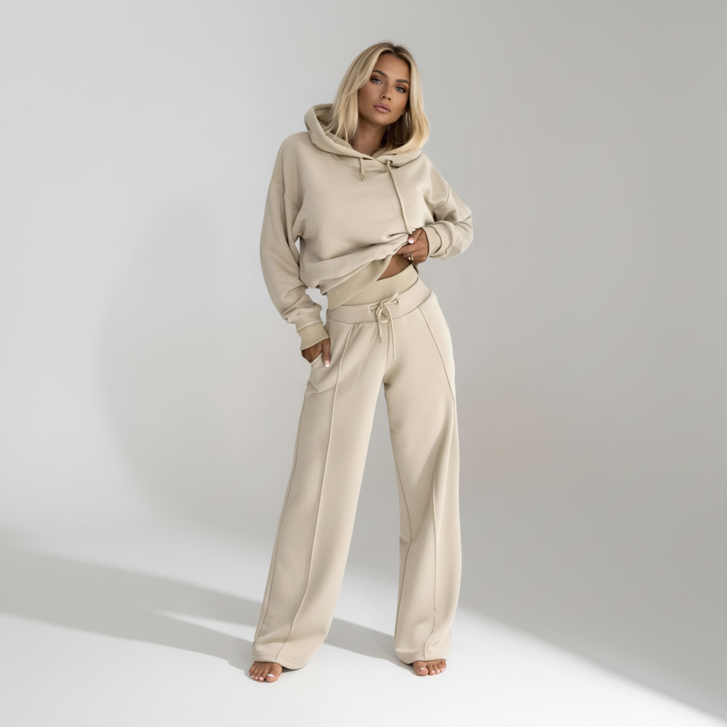 Back view of women's loungewear set, presenting a comfortable hoodie and elegant wide-leg pants design.