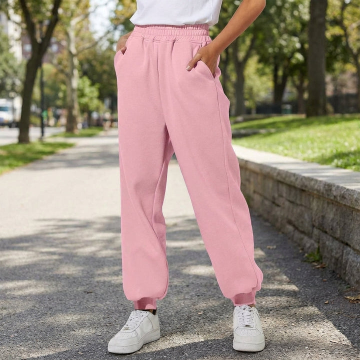 Women's casual jogger pants in gray with pockets, front view, comfortable loungewear