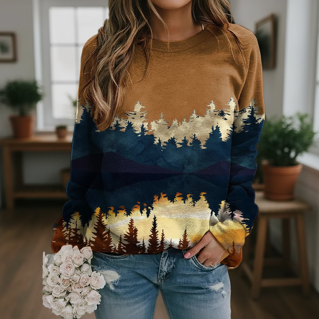 Women's casual landscape print long sleeve pullover with round neck, front view