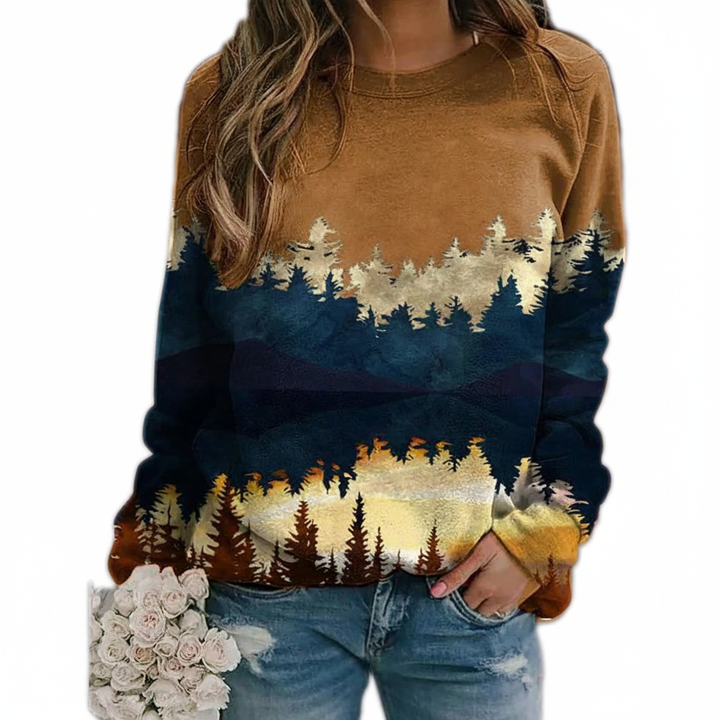 Stylish women's polyester pullover with scenic landscape print, comfortable fit