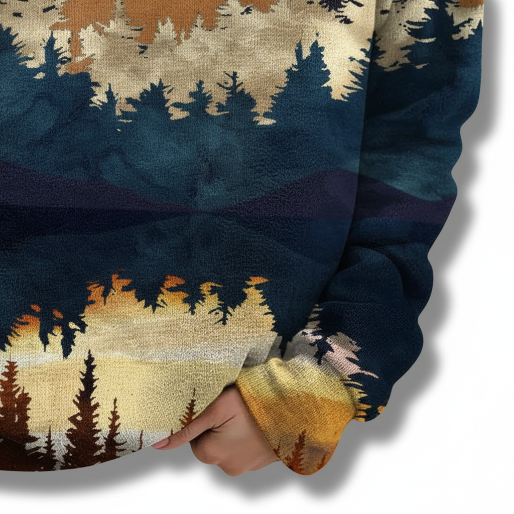 Close-up of women's long sleeve pullover fabric showing detailed landscape print
