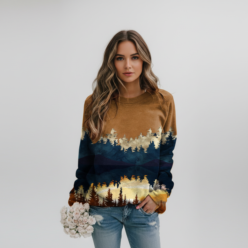 Back view of women's casual landscape print pullover, ideal for comfort