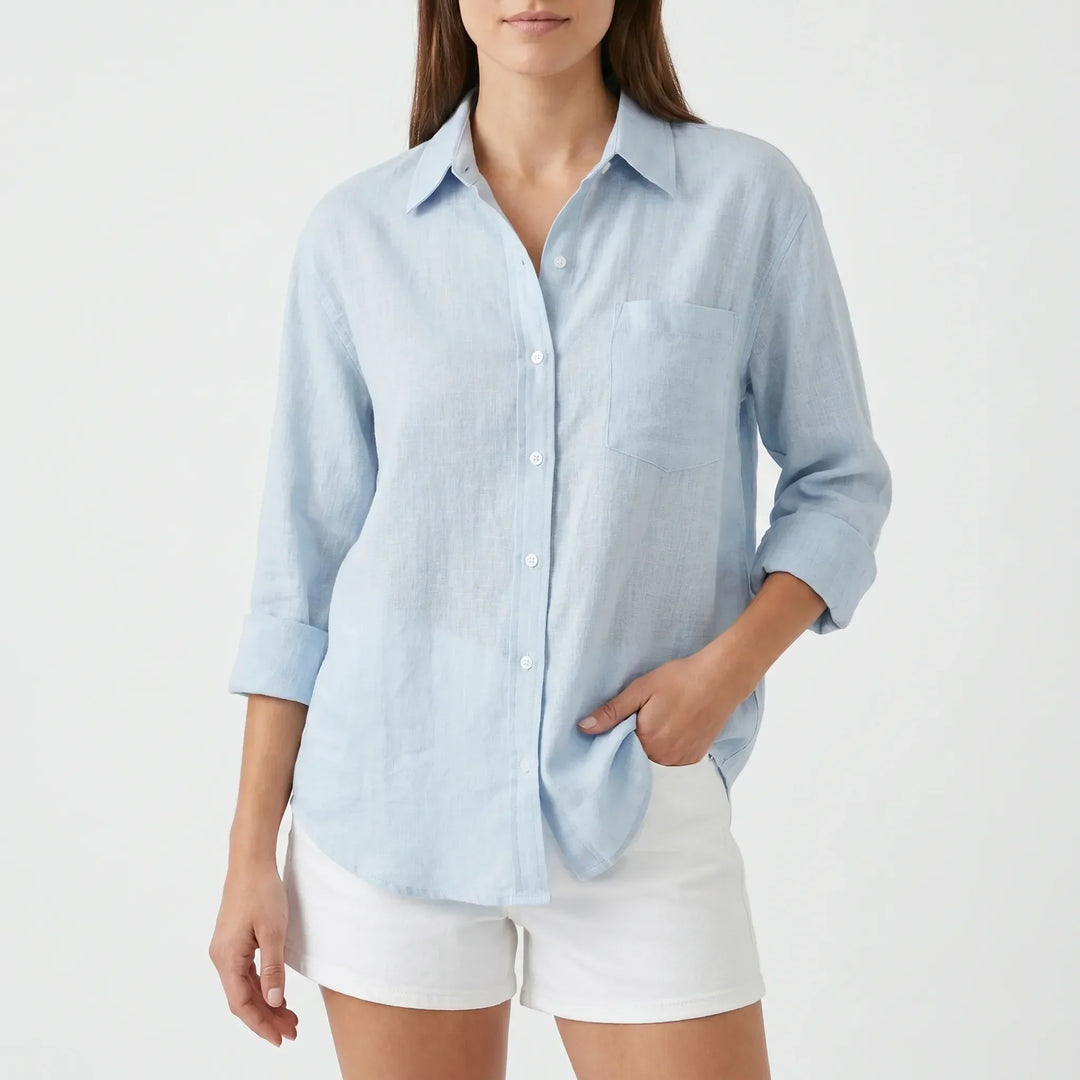 Stylish women's long sleeve button-up blouse, a comfortable casual collared top for versatile spring & fall wear.