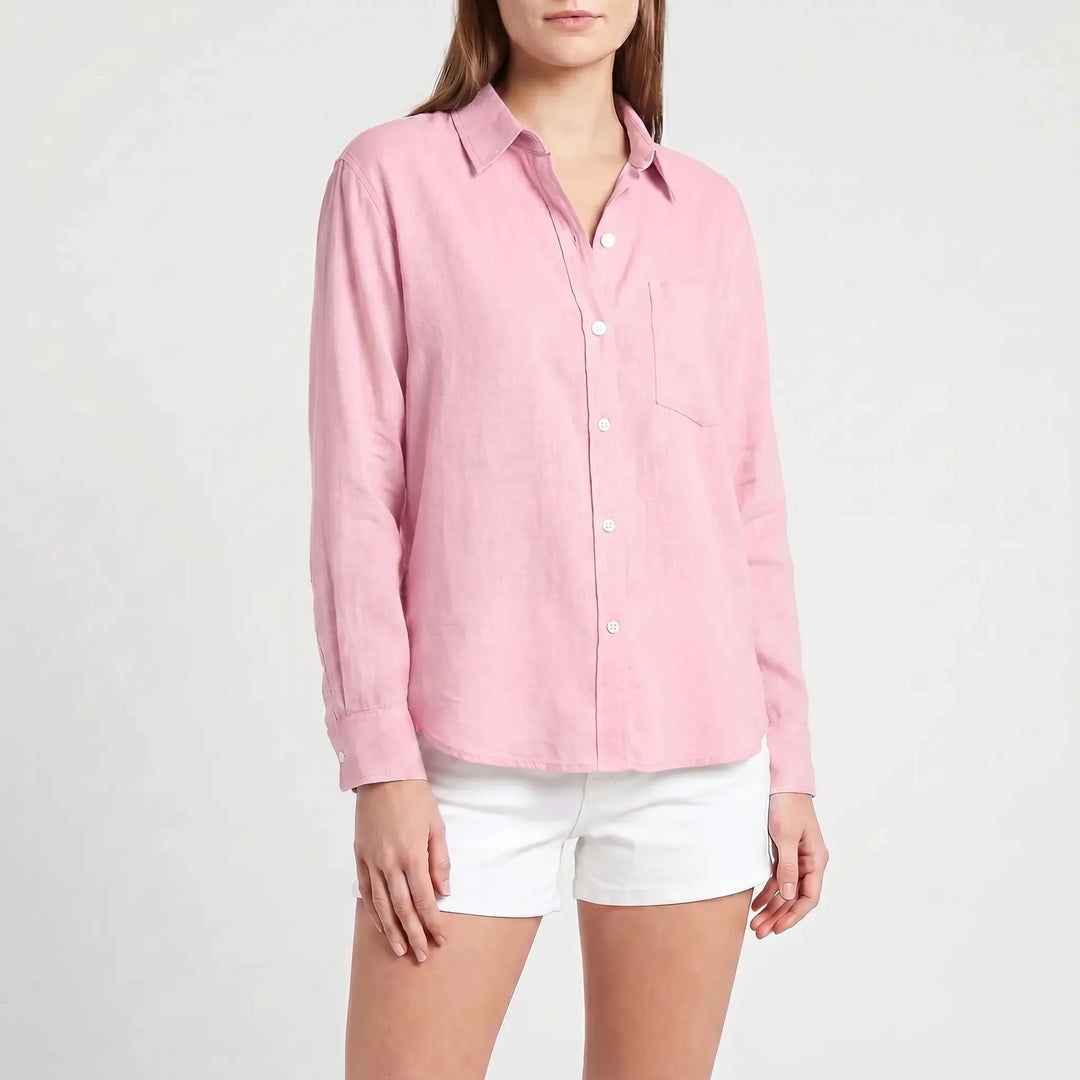 Casual women's button-up shirt with long sleeves. Versatile collared top, ideal for spring, fall & everyday fashion.