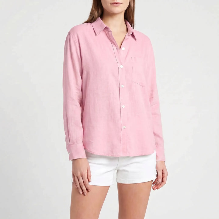 Casual women's button-up shirt with long sleeves. Versatile collared top, ideal for spring, fall & everyday fashion.