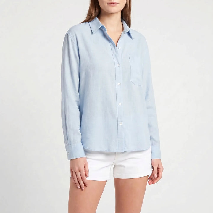 Women's long sleeve button-up blouse, a comfortable & stylish collared top for everyday wear and smart casual looks.