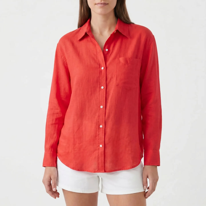Versatile women's long sleeve button-up shirt. An essential casual collared blouse for work, spring, & fall fashion.