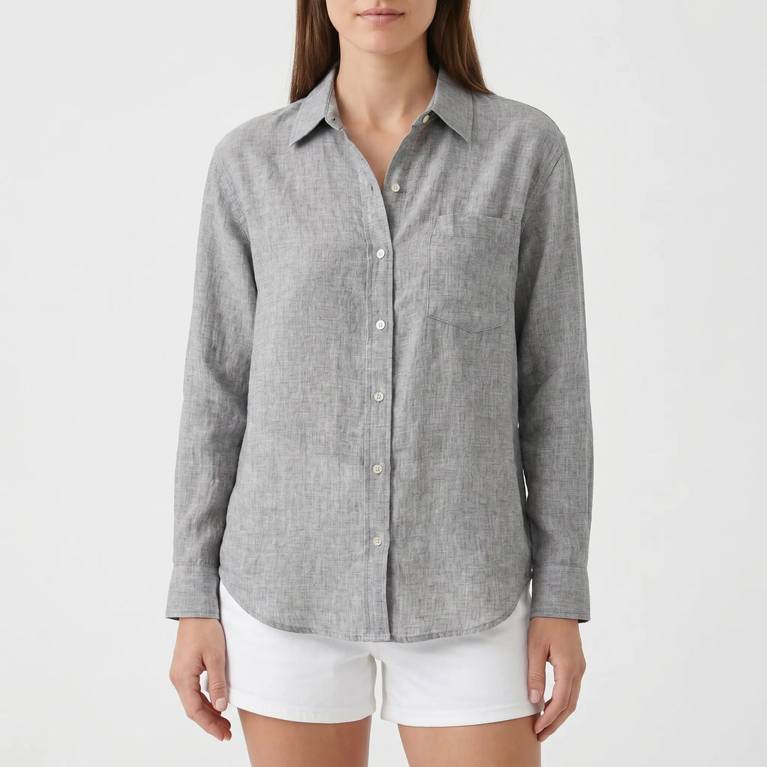 Fashionable women's long sleeve button-up blouse. Casual collared shirt for workwear, versatile spring & fall styles.