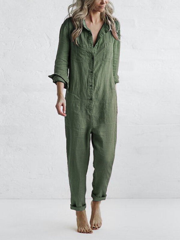 Women's casual long sleeve button-up jumpsuit. Relaxed fit one-piece for comfortable everyday wear.