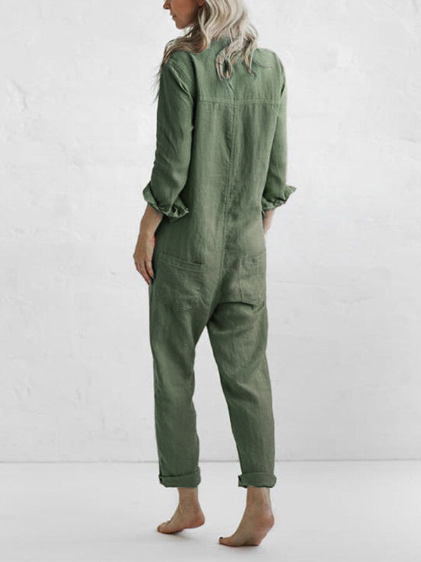 Stylish woman wearing a casual long sleeve button-up jumpsuit. Effortless one-piece for travel or everyday outfit.