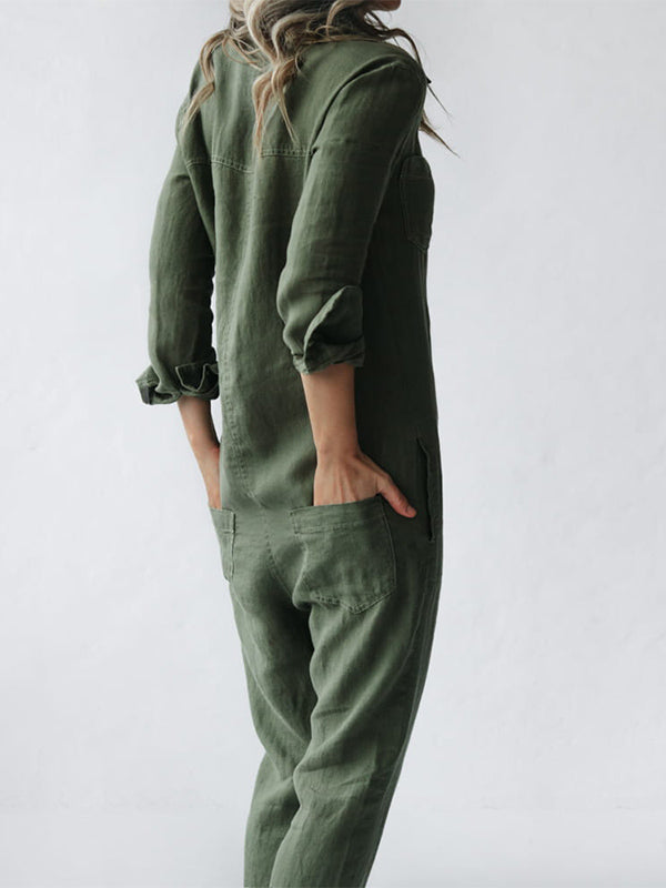 Close-up of women's long sleeve button-up jumpsuit, highlighting the casual collar and fabric. Perfect fall fashion.