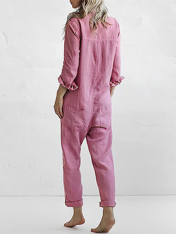 Fall fashion women's long sleeve button-up jumpsuit. Stylish, relaxed fit one-piece perfect for cooler weather.
