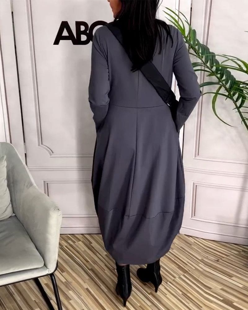 Versatile women's A-line maxi dress with round neck & long sleeves, ideal for casual autumn & winter outfits.