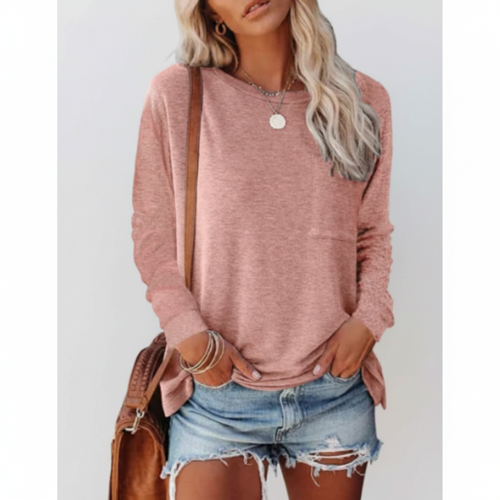 Autumn fashion women's cotton blend long sleeve shirt with a classic round neck.