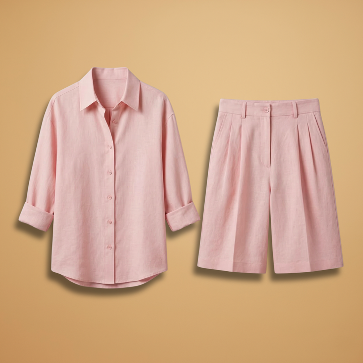 Women's casual long sleeve shirt and pleated shorts set, perfect for travel & summer vacations.