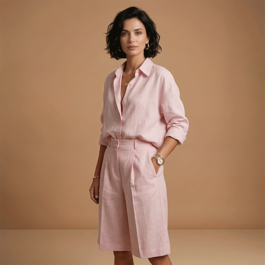 Women's long sleeve shirt and pleated shorts set, a versatile casual outfit for summer fashion.