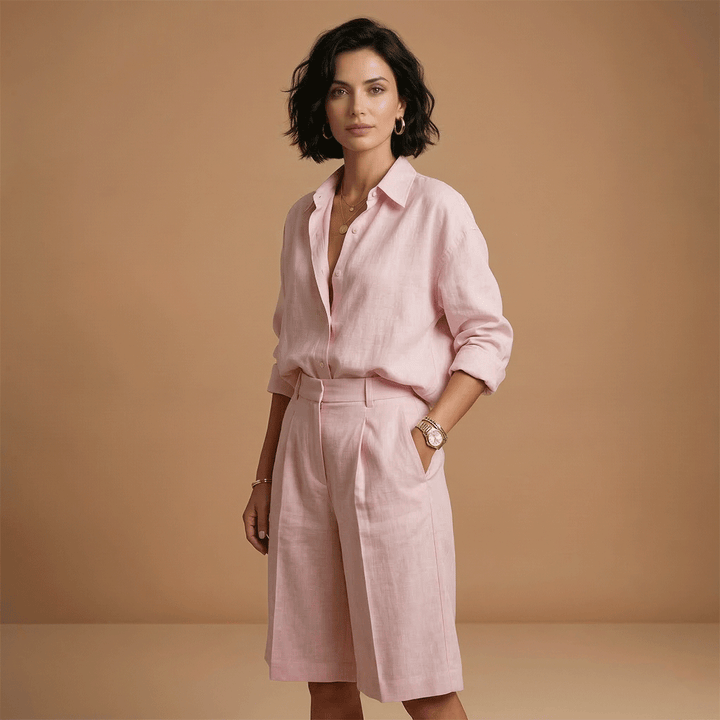 Women's long sleeve shirt and pleated shorts set, a versatile casual outfit for summer fashion.