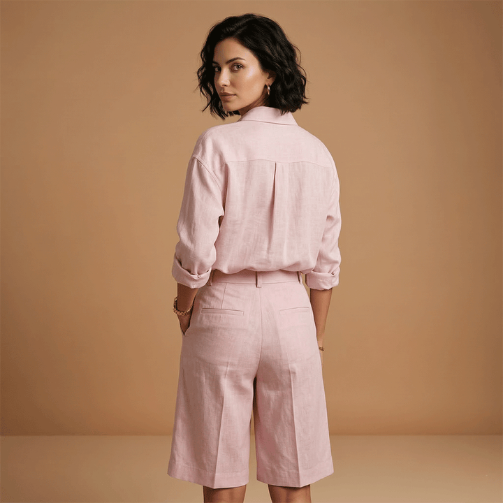 Comfortable women's long sleeve shirt and shorts set, a must-have travel wear for vacation.