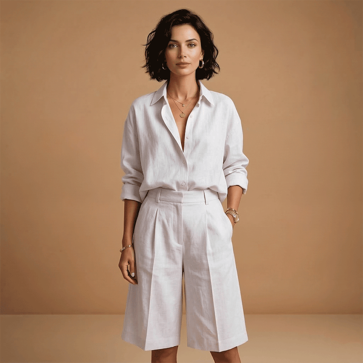 Casual women's long sleeve shirt & shorts two-piece set, perfect comfortable travel wear.