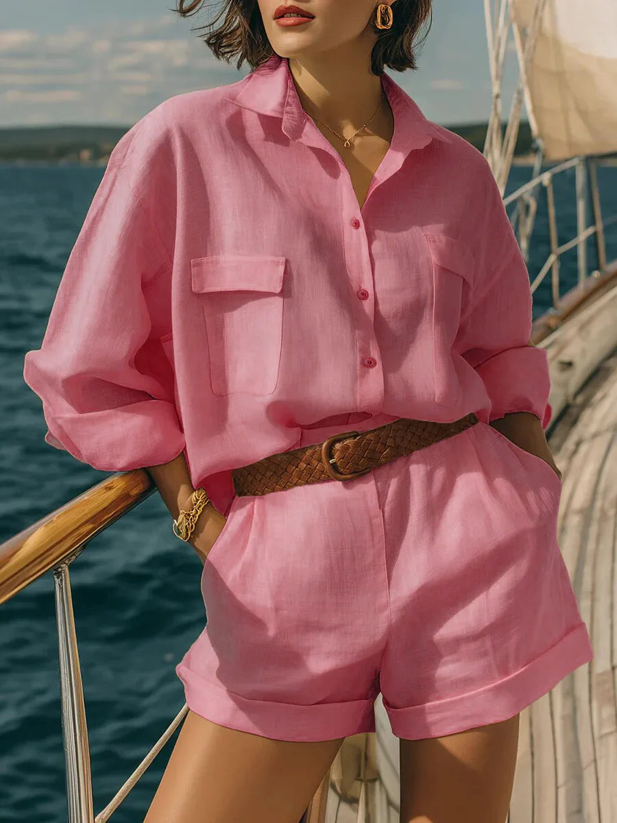 Women's casual long sleeve two-piece matching set with oversized top & shorts, perfect for summer beachwear.