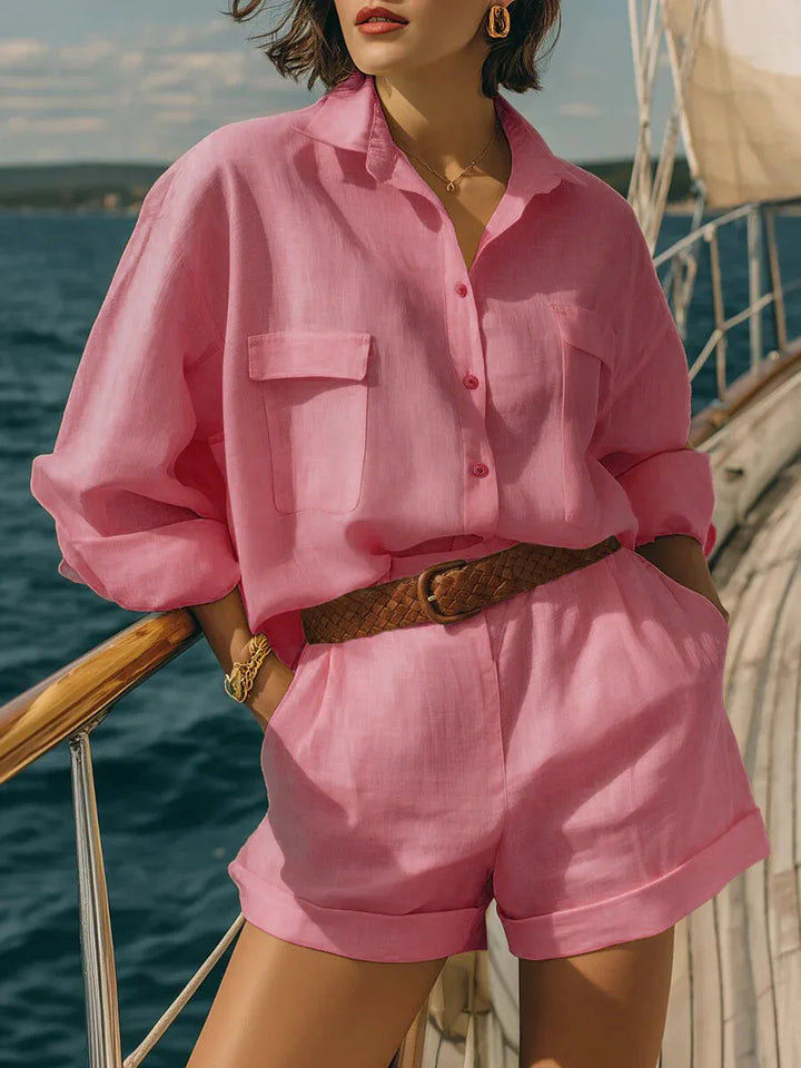Women's casual long sleeve two-piece matching set with oversized top & shorts, perfect for summer beachwear.