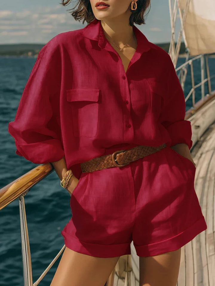 Lightweight women's oversized long sleeve top & shorts matching set; stylish casual summer beach outfit.