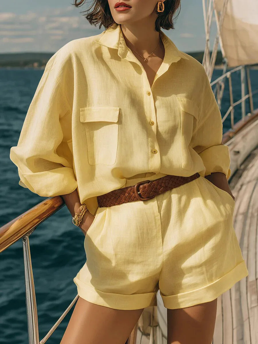 Relaxed women's long sleeve two-piece outfit, includes a comfortable top & shorts for summer casual wear.