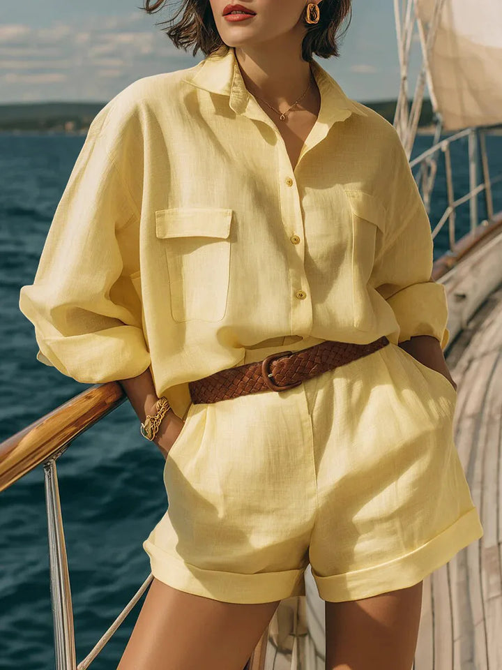 Relaxed women's long sleeve two-piece outfit, includes a comfortable top & shorts for summer casual wear.