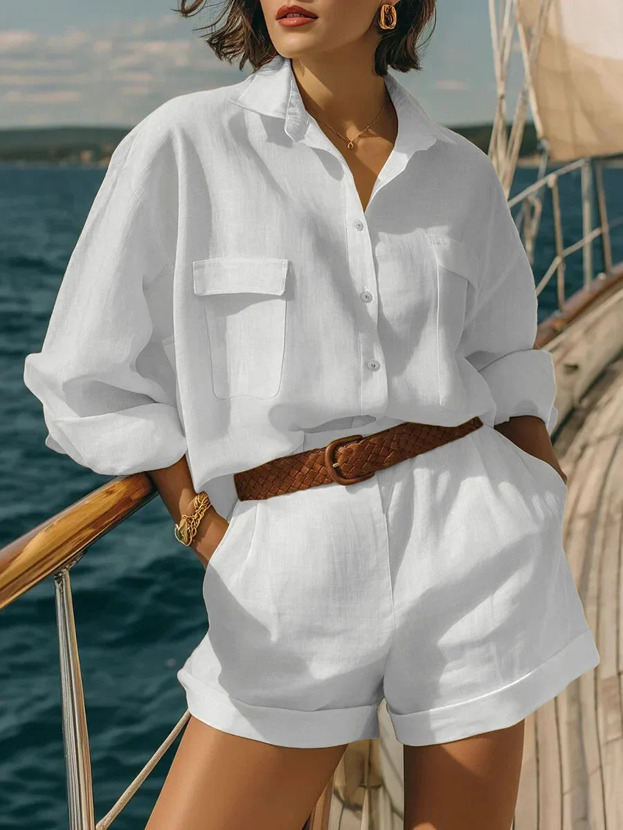 Versatile women's casual matching set: long sleeve top and shorts. Ideal lightweight summer outfit.