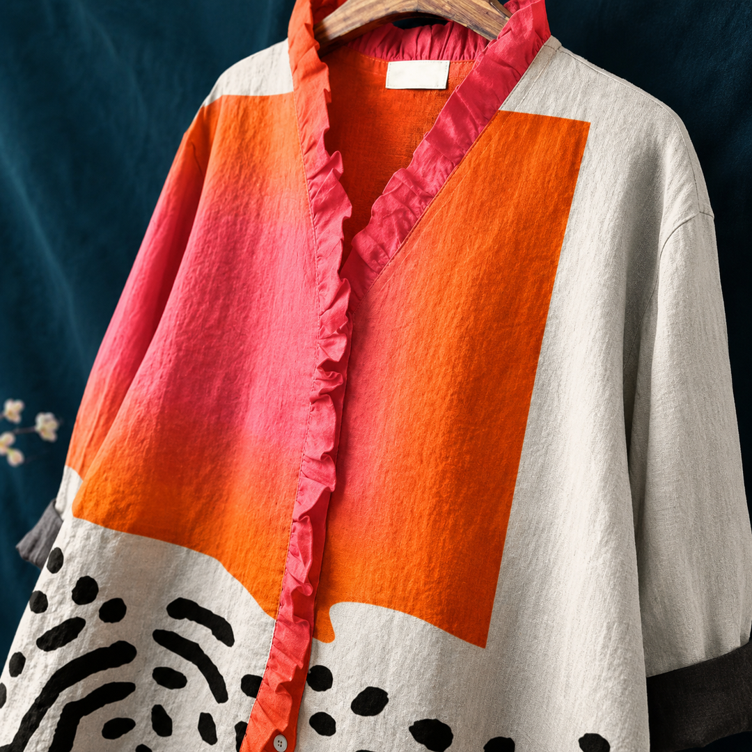 Loose fit women's tunic blouse, elegant V-neck with abstract block print. Versatile button-up for relaxed summer style.