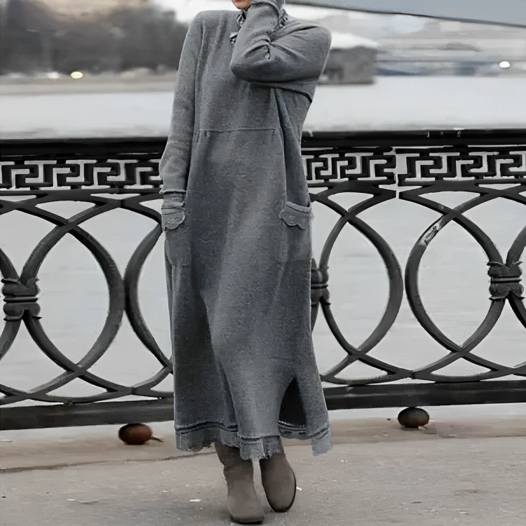 Women's casual long winter dress, perfect for cozy style. Warm, comfortable maxi dress with long sleeves.