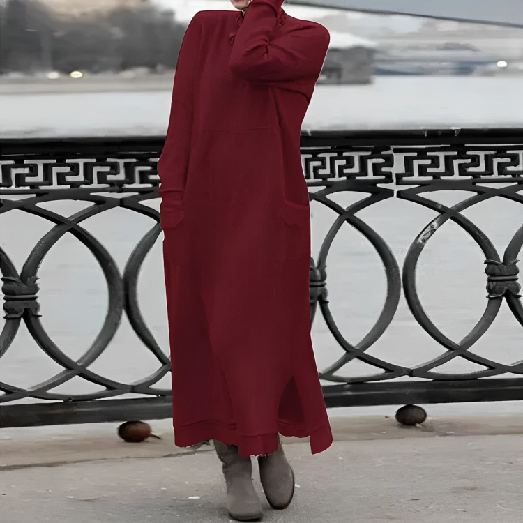 Cozy women's long sleeve winter dress, a comfortable casual maxi for elegant fall fashion and warmth.