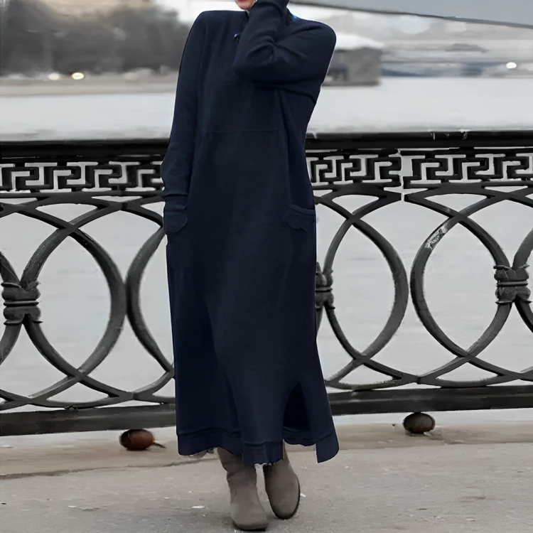 Stylish women's long winter dress, a cozy and warm casual maxi with long sleeves for fall fashion.