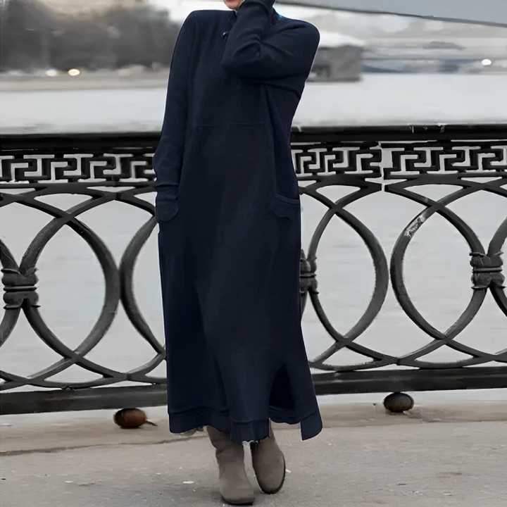 Stylish women's long winter dress, a cozy and warm casual maxi with long sleeves for fall fashion.