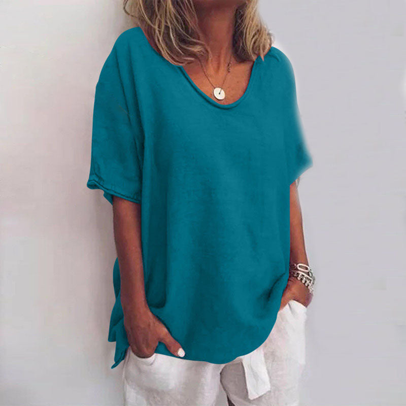 Casual women's summer top, a comfortable loose fit t-shirt. Relaxed short sleeve design, ideal for warm weather days.