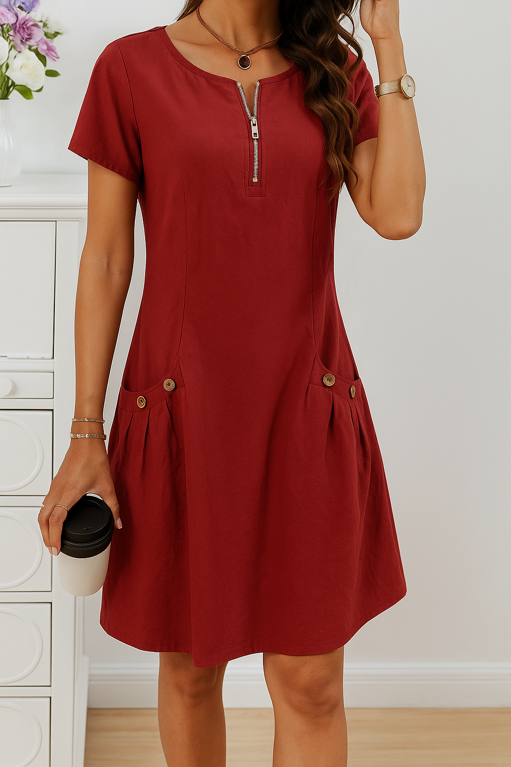Women's everyday midi dress with a zip front, button pockets & short sleeves. Great for comfortable summer style.