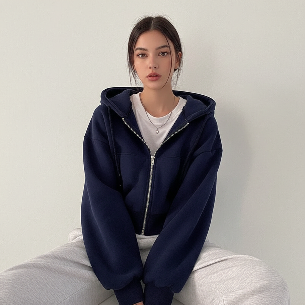 Back view of a women's hooded vest, highlighting the casual oversized design
