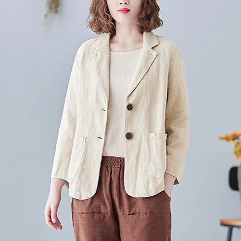 Full view of women's relaxed fit single-breasted casual blazer, a lightweight jacket for versatile everyday style.