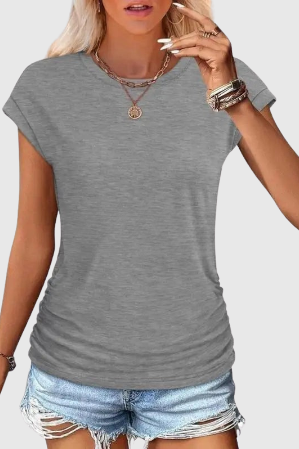 Women's casual ruched side tunic top with short ruffle sleeves, perfect for summer everyday wear.