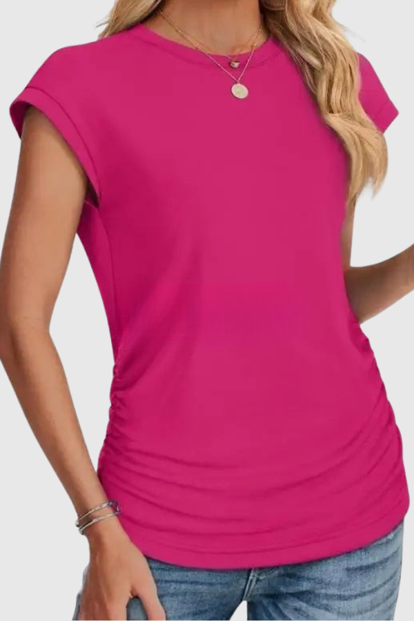 Elegant women's casual tunic top with ruched sides & short ruffle sleeves, perfect for summer.