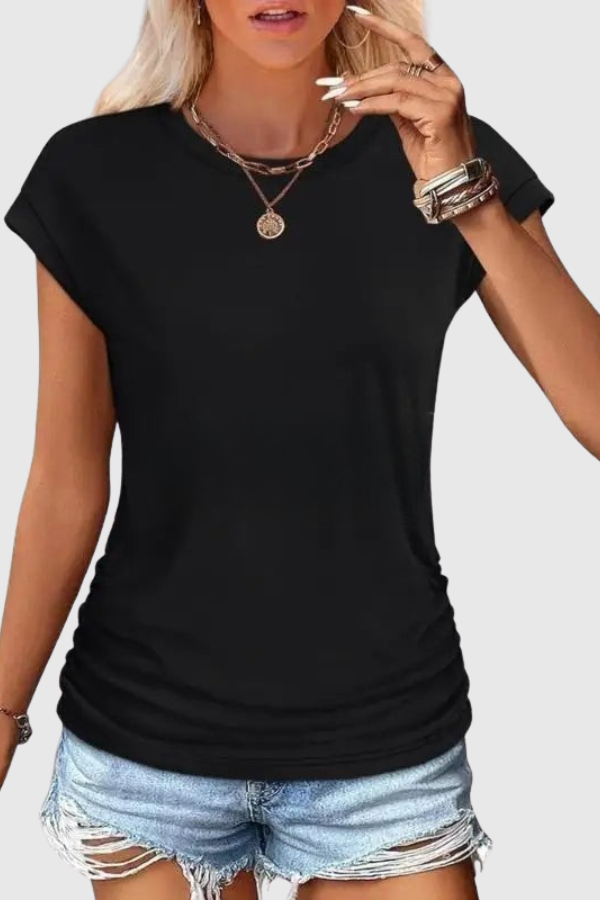 Casual women's summer tunic top, a versatile short sleeve blouse with elegant ruched detailing.