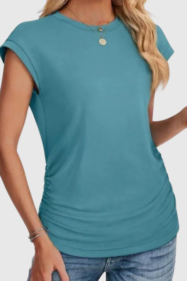 Women's short sleeve ruched tunic blouse, a casual and versatile top for summer and everyday wear.