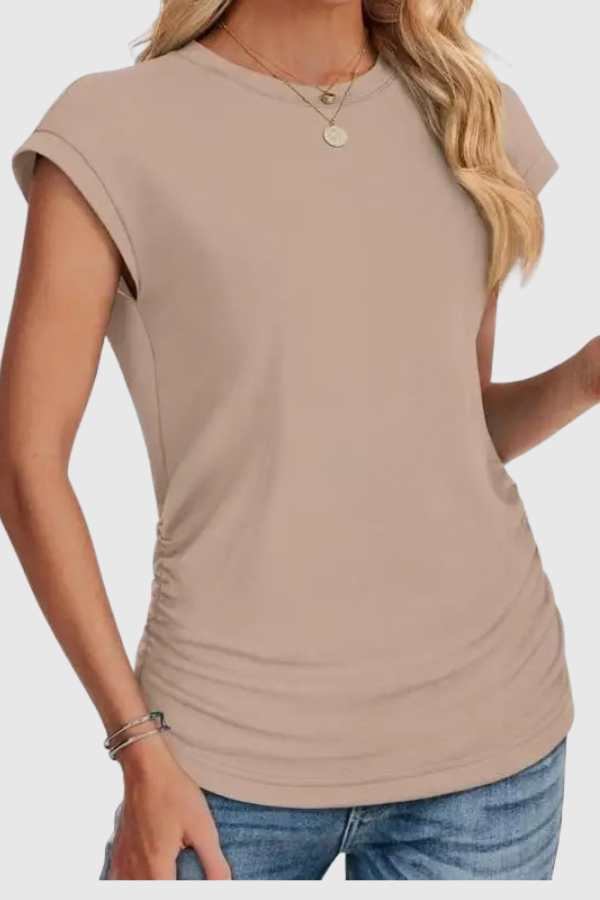 Trendy women's ruched side casual tunic top with ruffled short sleeves for effortless summer style.