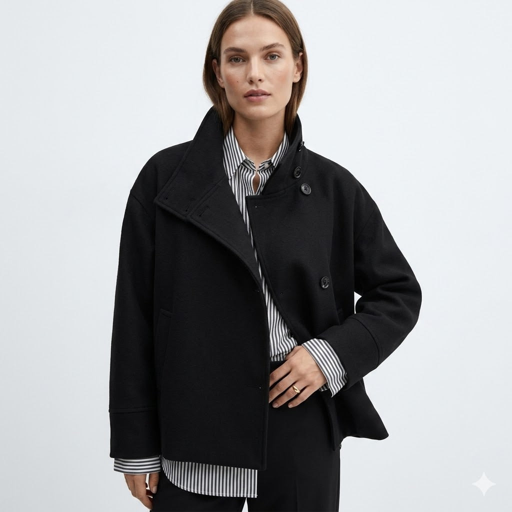 Women's casual short coat with a relaxed fit and high neckline, ideal for fall everyday wear.