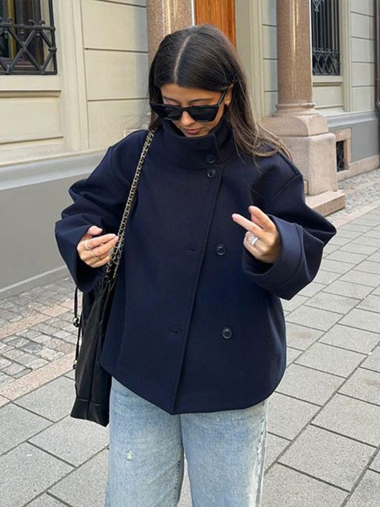 High neck women's casual short coat with a relaxed fit and stylish button closure, perfect outerwear.