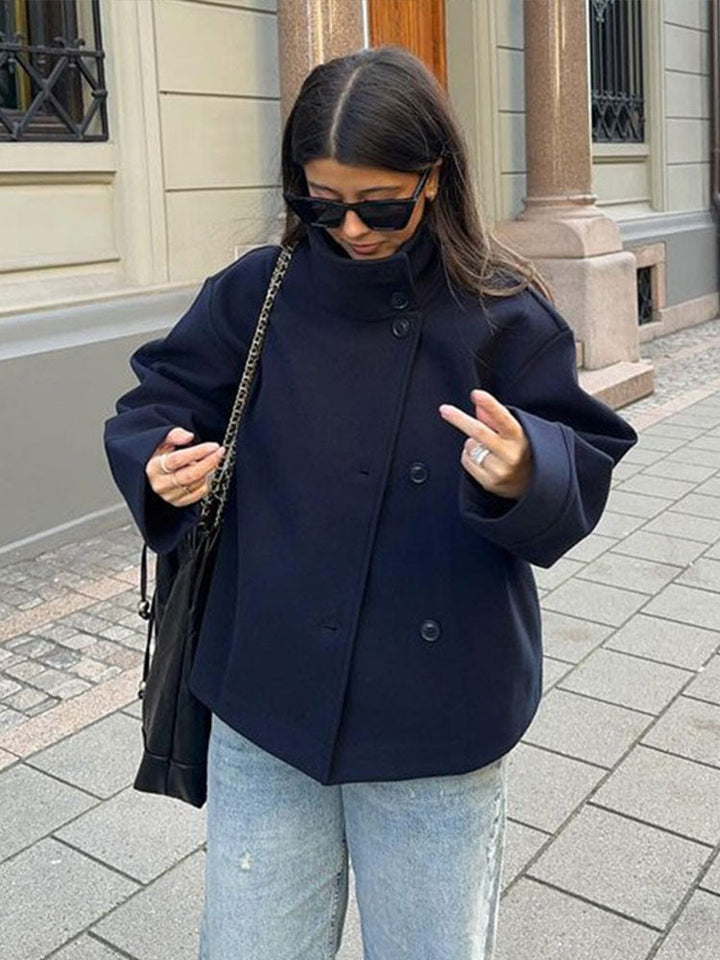 High neck women's casual short coat with a relaxed fit and stylish button closure, perfect outerwear.