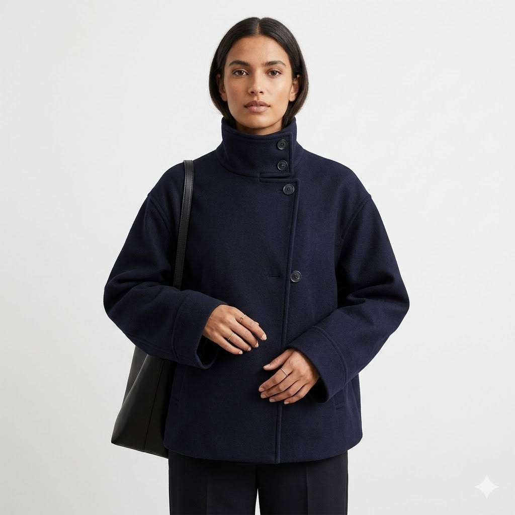 Everyday women's relaxed fit short coat with a high neck and button closure, a chic fall jacket.