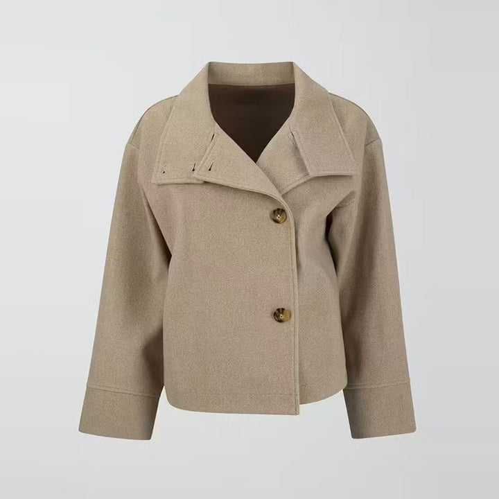 Relaxed fit women's casual short coat, high neck design, perfect for stylish fall outerwear looks.