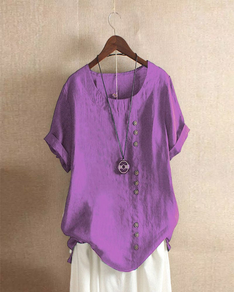 Relaxed fit women's short sleeve round neck blouse, an essential comfortable casual wear item.