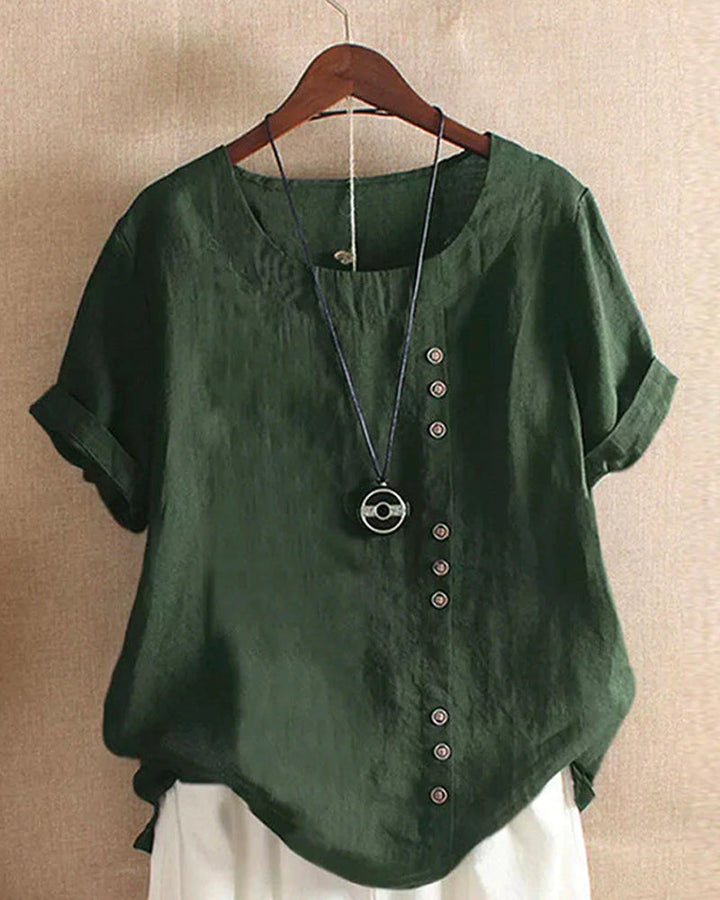 Soft fabric women's casual short sleeve round neck blouse, comfortable for all-day wear.